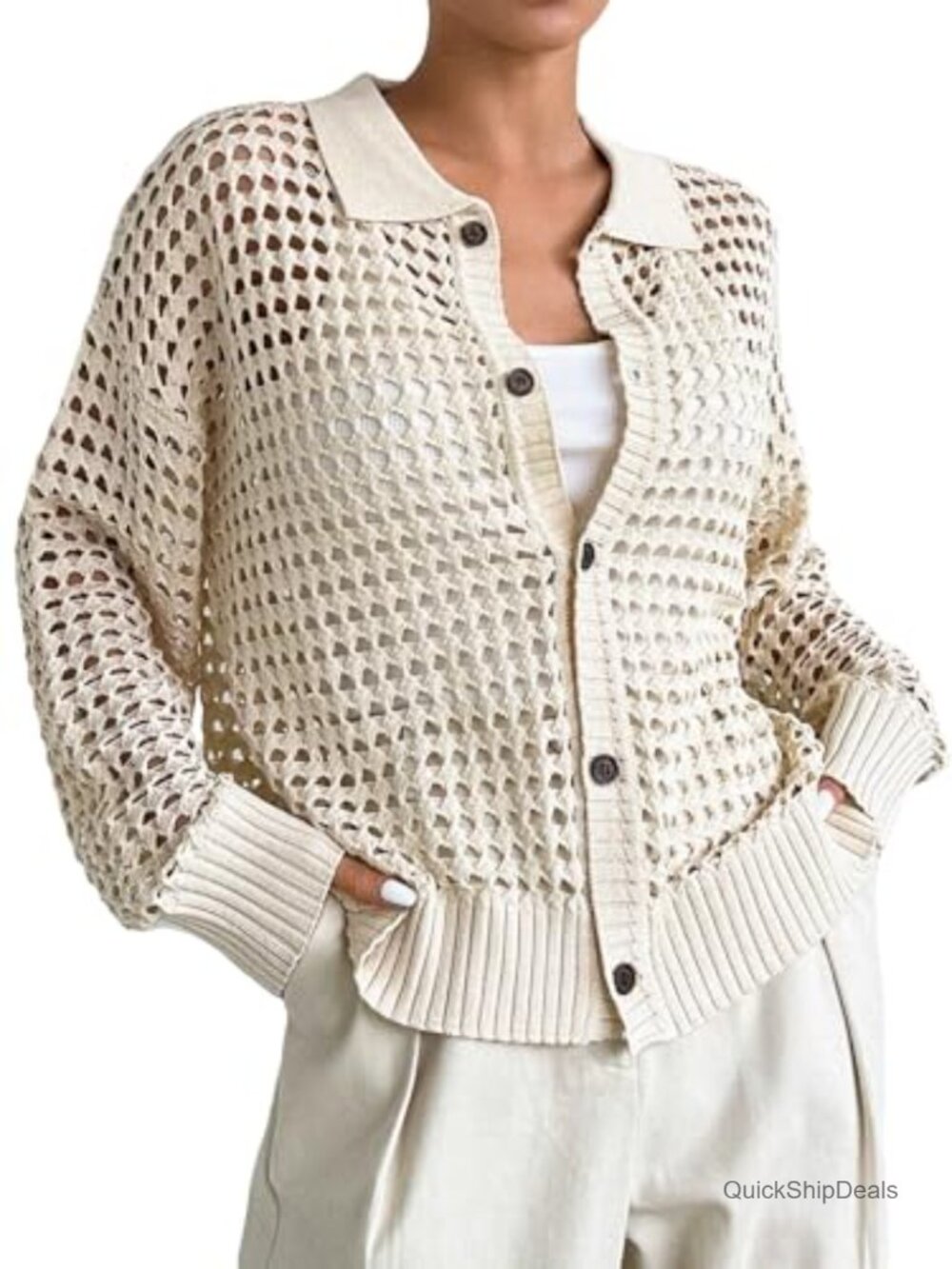 QWINEE Crochet Cardigan Sweater Lightweight Hollow Out Button Front